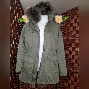 Banana Republic Military Winter Coat with Fur Hood. Army green